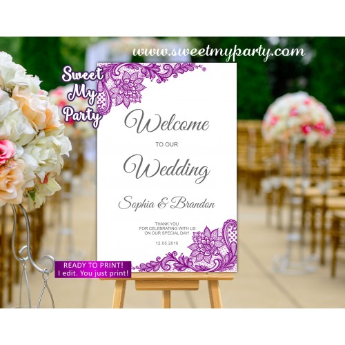 Purple Welcome Sign,Violet Welcome sign with lace,(115w)